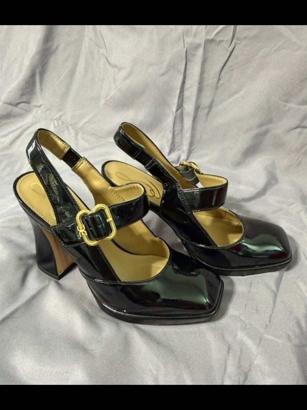 Sam Elderman Black Patent Mary Jane Slingback Wedges with Gold Buckle